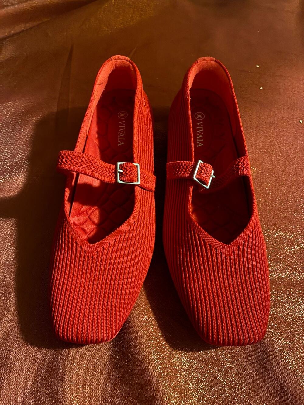 VIVAIA Shoes Womens 39.5 Mary Jane Knit Flats Red Square Toe Elastic Strap